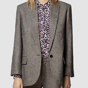 ZADIG & VOLTAIRE Herringbone metallic grey silver wool blazer removal skull pin